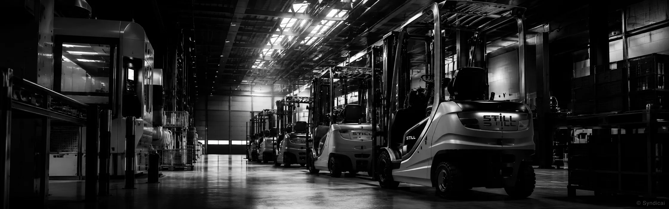 Electric forklifts lined up inside a distribution warehouse